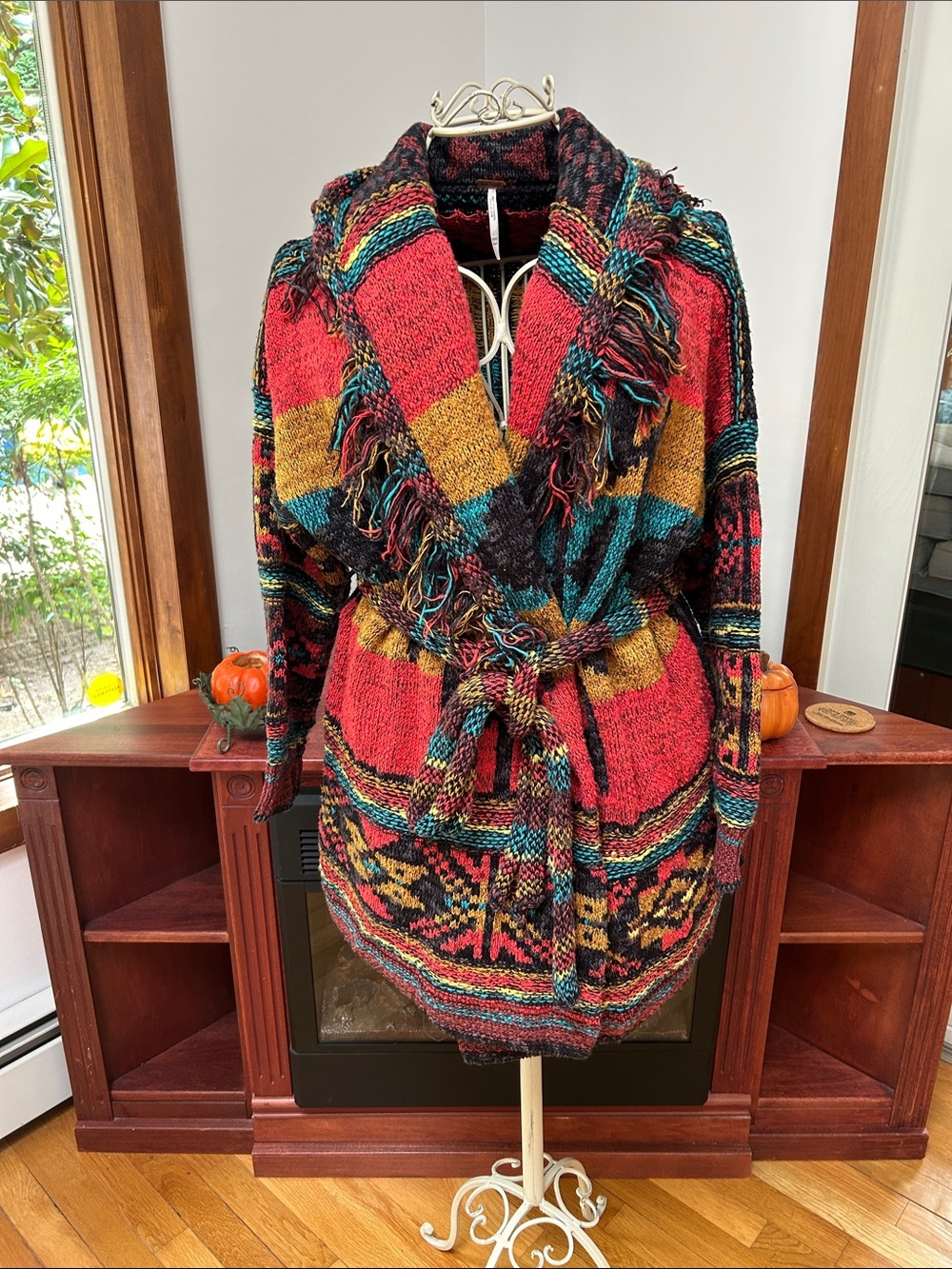 Free People Multicolor Fringe Belted Cardigan in Red, Mustard & Teal